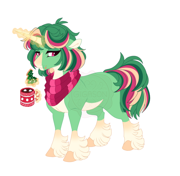 Size: 4500x4400 | Tagged: safe, artist:gigason, derpibooru import, oc, oc:bay leaf, unofficial characters only, pony, unicorn, absurd resolution, adoptable, blank flank, blaze (coat marking), chewing, chocolate, christmas cookies, clothes, coat markings, coffee mug, colored, colored belly, colored hooves, colored horn, colored pinnae, colored pupils, cookie, crack ship offspring, crumbs, drink, ear fluff, eating, eyelashes, facial markings, fetlock tuft, flat colors, floppy ears, fluffy mane, fluffy tail, food, food on face, glow, glowing horn, gradient legs, green coat, green mane, green tail, hooves, horn, hot chocolate, image, lidded eyes, looking back, looking down, magenta pupils, magic, mug, multicolored mane, multicolored tail, nonbinary, nonbinary oc, obtrusive watermark, offspring, orange hooves, orange magic, pale belly, parent:clover the clever, parent:cup cake, pink eyes, png, scarf, short mane, simple background, socks (coat marking), solo, sparkles, standing, striped horn, striped scarf, tail, telekinesis, three quarter view, transparent background, unicorn oc, watermark