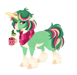 Size: 4500x4400 | Tagged: safe, artist:gigason, derpibooru import, oc, oc:bay leaf, unofficial characters only, pony, unicorn, absurd resolution, adoptable, blank flank, blaze (coat marking), chewing, chocolate, christmas cookies, clothes, coat markings, coffee mug, colored, colored belly, colored hooves, colored horn, colored pinnae, colored pupils, cookie, crack ship offspring, crumbs, drink, ear fluff, eating, eyelashes, facial markings, fetlock tuft, flat colors, floppy ears, fluffy mane, fluffy tail, food, food on face, glow, glowing horn, gradient legs, green coat, green mane, green tail, hooves, horn, hot chocolate, image, lidded eyes, looking back, looking down, magenta pupils, magic, mug, multicolored mane, multicolored tail, nonbinary, nonbinary oc, obtrusive watermark, offspring, orange hooves, orange magic, pale belly, parent:clover the clever, parent:cup cake, pink eyes, png, scarf, short mane, simple background, socks (coat marking), solo, sparkles, standing, striped horn, striped scarf, tail, telekinesis, three quarter view, transparent background, unicorn oc, watermark