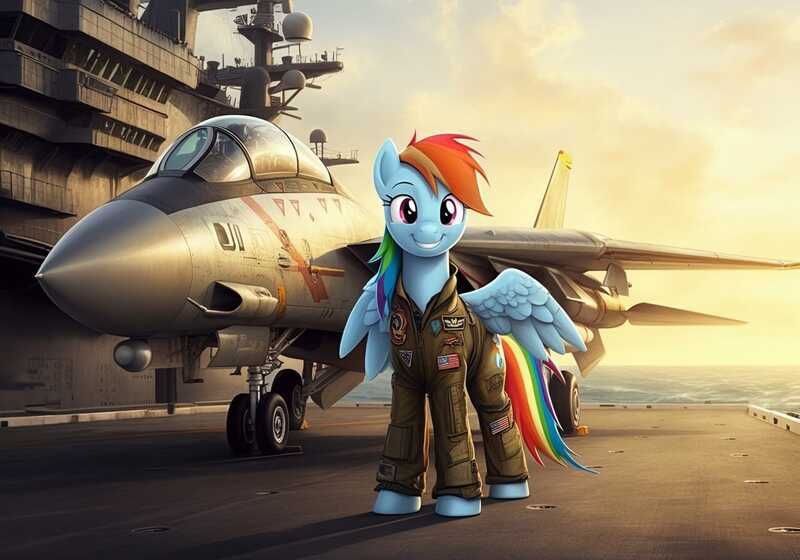 Size: 1280x896 | Tagged: safe, ai content, derpibooru import, generator:google imagen 3.0, machine learning generated, prompter:zerowinger, rainbow dash, pegasus, pony, g4, aircraft carrier, clothes, f-14 tomcat, female, flight suit, image, jet, jet fighter, jet plane, jpeg, mare, smiling, solo, spread wings, wings