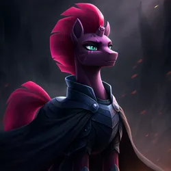 Size: 1024x1024 | Tagged: safe, ai content, derpibooru import, generator:google imagen 3.0, machine learning generated, prompter:zerowinger, tempest shadow, pony, unicorn, g4, armor, broken horn, cape, clothes, female, gradient background, horn, image, jpeg, mare, solo