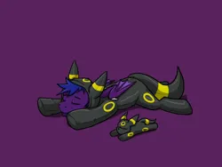 Size: 1400x1050 | Tagged: safe, artist:arrwulf, oc, unofficial characters only, bat pony, pony, umbreon, clothes, costume, eyes closed, image, jpeg, kigurumi, male, plushie, pokémon, purple background, seams, simple background, sleeping, solo, stallion, zipper