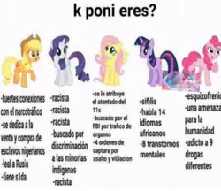 Size: 730x630 | Tagged: safe, derpibooru import, applejack, fluttershy, pinkie pie, rainbow dash, rarity, twilight sparkle, earth pony, pegasus, pony, unicorn, blatant lies, female, image, jpeg, mane six, mare, meme, needs more jpeg, shitposting, spanish, text, unicorn twilight