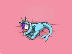 Size: 1400x1050 | Tagged: safe, artist:arrwulf, oc, unofficial characters only, earth pony, pony, vaporeon, clothes, costume, eyes closed, image, jpeg, kigurumi, male, pink background, plushie, pokémon, seams, simple background, sleeping, solo, stallion