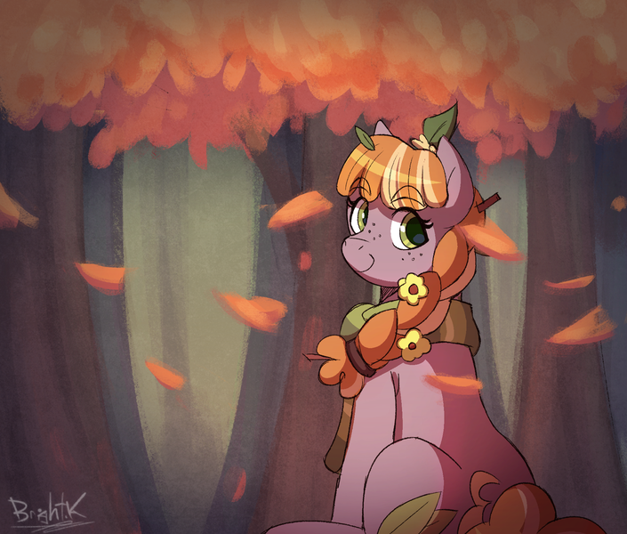 Size: 1859x1583 | Tagged: safe, artist:bkiltersot, derpibooru import, oc, oc:pumpkin cupcake, unofficial characters only, earth pony, pony, autumn, braid, clothes, cute, earth pony oc, female, female oc, filly, flower, flower in hair, foal, forest, green eyes, image, leaves, leaves in hair, looking at you, nature, png, raffle prize, scarf, sitting, solo, tree