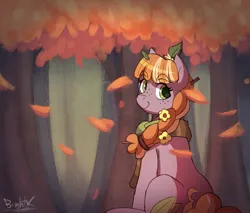 Size: 1859x1583 | Tagged: safe, artist:bkiltersot, derpibooru import, oc, oc:pumpkin cupcake, unofficial characters only, earth pony, pony, autumn, braid, clothes, cute, earth pony oc, female, female oc, filly, flower, flower in hair, foal, forest, green eyes, image, leaves, leaves in hair, looking at you, nature, png, raffle prize, scarf, sitting, solo, tree