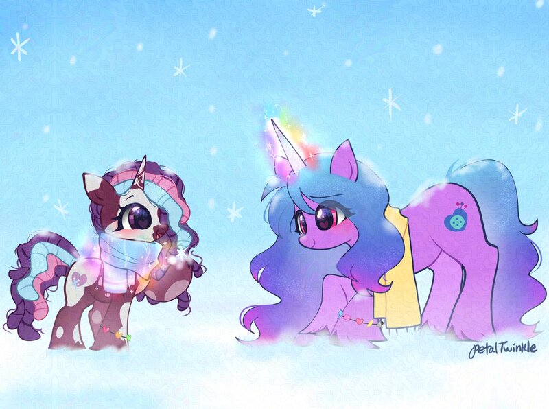 Size: 2048x1527 | Tagged: safe, artist:petaltwinkle, derpibooru import, izzy moonbow, violette rainbow, pony, unicorn, g5, blushing, bracelet, clothes, duo, duo female, female, filly, foal, friendship bracelet, glow, glowing horn, horn, image, jewelry, jpeg, magic, magic aura, mare, open mouth, open smile, raised hoof, scarf, smiling, snow, snowfall, snowflake, tail, unshorn fetlocks, vitiligo