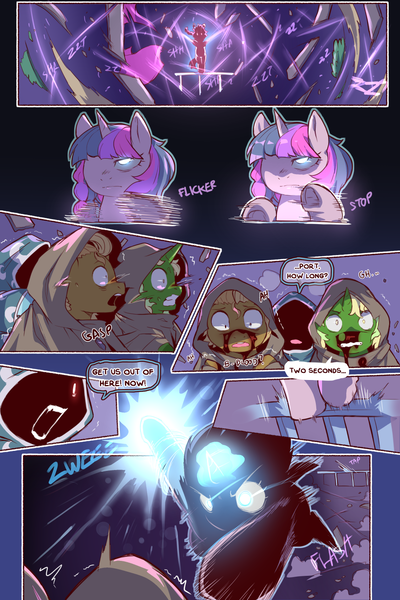 Size: 960x1440 | Tagged: safe, artist:cold-blooded-twilight, derpibooru import, twilight sparkle, oc, cold blooded twilight, comic:cold storm, g4, alternate design, blood, comic, dialogue, glow, glowing eyes, image, magic, png, shivering, speech bubble, sweat