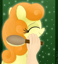 Size: 3016x3319 | Tagged: safe, artist:rainbowšpekgs, derpibooru import, carrot top, golden harvest, earth pony, human, pony, g4, brush, cute, eyes closed, female, hand, happy, image, mare, offscreen character, png, pov, sitting, smiling, sweet dreams fuel