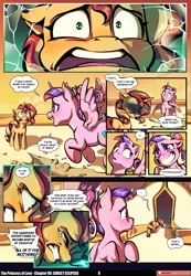 Size: 3541x5121 | Tagged: safe, artist:baban illustration, artist:lummh, derpibooru import, princess cadance, sunset shimmer, alicorn, pony, unicorn, comic:the princess of love, g4, absurd resolution, canterlot castle, comic, cute, cutedance, female, filly, filly sunset shimmer, foal, gritted teeth, horn, image, looking at each other, looking at someone, mare, patreon, patreon logo, png, speech bubble, spread wings, teen princess cadance, teeth, wall of tags, wings, younger, younger sunset