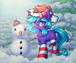 Size: 4216x3508 | Tagged: safe, artist:chaosangeldesu, derpibooru import, oc, oc:lilac tart, unofficial characters only, pony, unicorn, blushing, christmas, clothes, cute, cutie mark, hat, holiday, horn, image, jpeg, looking at you, santa hat, smiling, smiling at you, snow, snowfall, snowman, socks, solo, winter