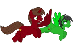 Size: 2920x2036 | Tagged: safe, artist:rogan140, derpibooru import, oc, oc:rogan, oc:star armour, alicorn, g4, alicorn oc, flying, high five, horn, image, male, png, simple background, transparent background, vector, wings