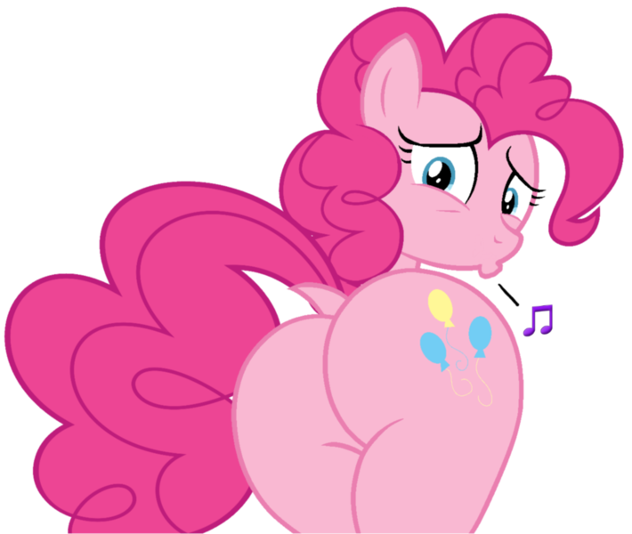 Size: 1265x1069 | Tagged: safe, artist:shieldwingarmorofgod, derpibooru import, pinkie pie, earth pony, pony, g4, balloonbutt, base used, butt, dock, female, image, looking at you, looking back, looking back at you, mare, plot, png, rear view, solo, tail, whistling