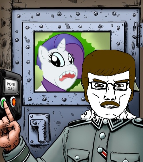 Size: 500x569 | Tagged: semi-grimdark, artist:curtsibling, rarity, human, pony, unicorn, barneyfag, button, chud, chudjak, clothes, eyelashes, facial hair, fat, female, gas chamber, gassing, glasses, image, jpeg, lee goldson, looking at you, mare, moustache, nazi, nazi uniform, open mouth, parody, pressing button, scared, smug, soyjak, teeth, trapped, uniform