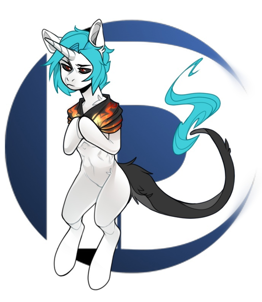 Size: 689x792 | Tagged: safe, artist:devi_shade, derpibooru import, oc, unofficial characters only, pony, unicorn, abstract background, black sclera, clothes, horn, image, leonine tail, png, red eyes, slit pupils, solo, tail