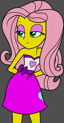 Size: 1069x2049 | Tagged: safe, artist:dragonkingamn, derpibooru import, edit, edited screencap, screencap, fluttershy, equestria girls, g4, accessory-less edit, bare shoulders, blinking, clothes, clothes swap, cute, equestria girls specials, eyeshadow, grin, image, makeup, missing accessory, my little pony equestria girls: dance magic, pinkie pie's skirt, png, sash, sleeveless, smiling, strapless