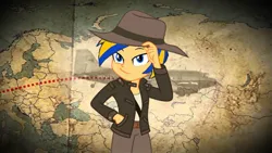 Size: 1280x720 | Tagged: safe, artist:mlpfan3991, derpibooru import, oc, oc:flare spark, human, equestria girls, g4, archaeologist, clothes, cosplay, costume, fedora, female, flare spark is best facemaker, hat, image, indiana jones, jpeg, map, outfit, plane, smiling, smirk, solo