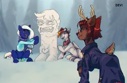 Size: 2910x1917 | Tagged: safe, artist:devi_shade, derpibooru import, oc, unofficial characters only, deer, earth pony, pegasus, pony, clothes, coat, female, glasses, goggles, goggles on head, image, jpeg, male, mare, scarf, snow, snowman, stallion, sweater, trio