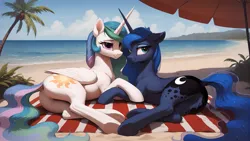 Size: 7680x4320 | Tagged: safe, ai content, derpibooru import, editor:mors, prompter:mors, princess celestia, princess luna, alicorn, pony, g4, absurd resolution, ai composition, anatomically correct, beach, best sisters, blushing, butt, dock, duo, duo female, ear fluff, female, females only, floppy ears, image, jpeg, lidded eyes, lying down, mare, moonbutt, nudity, palm tree, plot, side, smiling, sunbutt, tail, tree, underhoof, vulva, wallpaper