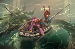 Size: 3376x2205 | Tagged: safe, artist:devi_shade, derpibooru import, oc, unofficial characters only, deer, earth pony, pony, antlers, boat, clothes, duo, fishing, fishing rod, glasses, hat, image, jpeg, male, monster, shirt, unshorn fetlocks