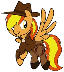 Size: 514x579 | Tagged: safe, artist:noi kincade, derpibooru import, oc, oc:firey ratchet, unofficial characters only, pegasus, g4, clothes, costume, fedora, hat, image, indiana jones, male, png, rope, simple background, smiling, solo, transparent background