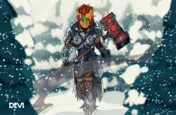 Size: 3376x2205 | Tagged: safe, artist:dodo, derpibooru import, oc, unofficial characters only, anthro, kirin, armor, forest, hammer, image, jpeg, nature, outdoors, snow, snowfall, solo, tree, war hammer, weapon