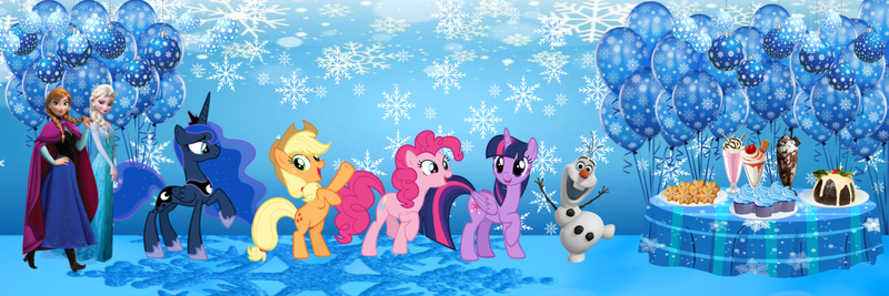 Size: 1500x500 | Tagged: safe, artist:lizzmcclin, derpibooru import, applejack, pinkie pie, princess luna, twilight sparkle, twilight sparkle (alicorn), alicorn, g4, anna (frozen), balloon, cake, cookie, cupcake, disney, disney princess, drink, elsa, female, food, frozen (movie), image, milkshake, olaf, party, png, snow, snowman