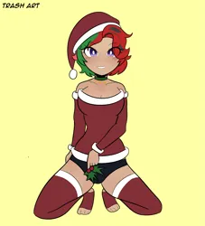 Size: 3383x3727 | Tagged: suggestive, alternate version, artist:eltrash_art6, derpibooru import, oc, oc:jingle belle rock, unofficial characters only, human, bedroom eyes, black underwear, blushing, breasts, choker, christmas, clothes, commission, costume, feet, female, grin, hat, holiday, holly, holly mistaken for mistletoe, humanized, humanized oc, image, kneeling, panties, png, santa claus, santa costume, santa hat, sexy, sexy santa costume, simple background, smiling, socks, solo, solo female, stirrup stockings, stockings, thigh highs, toeless legwear, toeless stockings, underwear, yellow background