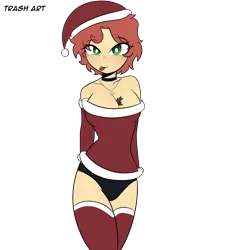 Size: 3383x3727 | Tagged: suggestive, alternate version, artist:eltrash_art6, derpibooru import, oc, oc:jingle belle jangle, unofficial characters only, equestria girls, g4, :p, bedroom eyes, black underwear, blushing, breasts, choker, christmas, clothes, commission, costume, equestria girls-ified, female, hat, holiday, holly, holly mistaken for mistletoe, image, jewelry, mistletoe abuse, necklace, panties, png, santa claus, santa costume, santa hat, sexy, sexy santa costume, simple background, socks, solo, solo female, stockings, tattoo, thigh highs, tongue out, transparent background, underwear