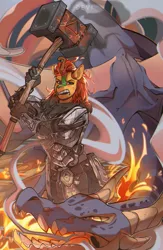 Size: 1305x1998 | Tagged: safe, artist:dodo, derpibooru import, oc, unofficial characters only, anthro, dragon, kirin, armor, fight, fire, fire breath, hammer, image, jpeg, war hammer, weapon