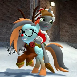 Size: 720x720 | Tagged: safe, artist:blitzythepony, derpibooru import, oc, oc:blitzy, oc:littlepip, pegasus, pony, unicorn, fallout equestria, 3d, animal costume, antlers, bow, christmas, clothes, costume, duo, duo female, female, females only, glasses, gmod, hair bow, hat, headphones, holiday, horn, image, jpeg, pegasus oc, red nose, reindeer antlers, reindeer costume, riding, riding a pony, santa costume, santa hat, unicorn oc, wings