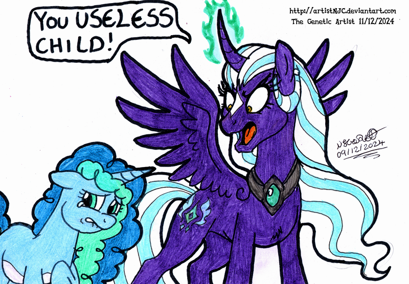 Size: 3196x2221 | Tagged: safe, derpibooru import, alicorn, pony, unicorn, g5, my little pony: make your mark, spoiler:g5, abuse, angry, crying, curved horn, cutie mark, ethereal mane, fear, fire magic, g4 style, horn, image, jewelry, misty brightdawn, mistybuse, necklace, opaline arcana, png, redesign, scared, simple background, spread wings, traditional art, verbal abuse, wings, yelling, yellow eyes