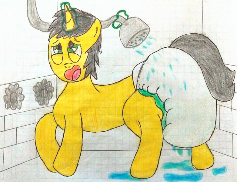 Size: 3081x2365 | Tagged: safe, artist:bitter sweetness, derpibooru import, oc, oc:bitter sweetness, unofficial characters only, unicorn, abdl, adult foal, bathroom shower, diaper, diaper fetish, diaper full of water, fetish, glow, glowing horn, graph paper, horn, image, jpeg, levitation, magic, non-baby in diaper, open mouth, open smile, poofy diaper, smiling, solo, telekinesis, traditional art