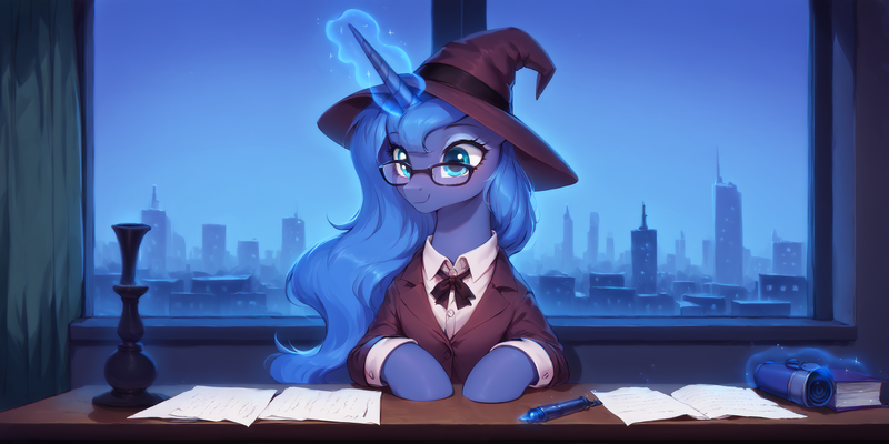 Size: 2400x1200 | Tagged: safe, ai content, derpibooru import, machine learning generated, prompter:greesys, princess luna, g4, city, image, png, solo, window