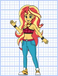 Size: 828x1089 | Tagged: safe, artist:superaaronawesome, derpibooru import, sunset shimmer, human, g4, alternate design, belly, belly button, clothes, denim, female, image, jeans, jpeg, midriff, pants, short shirt, solo