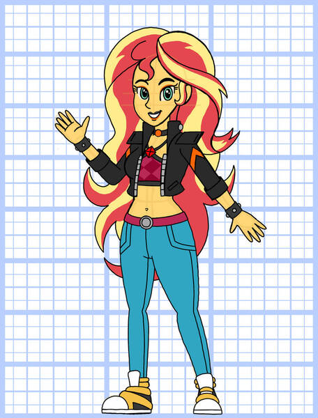 Size: 828x1089 | Tagged: safe, artist:superaaronawesome, derpibooru import, sunset shimmer, human, g4, alternate design, belly, belly button, clothes, denim, female, image, jacket, jeans, jpeg, midriff, pants, short shirt, solo