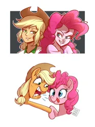 Size: 1340x1804 | Tagged: safe, artist:ilacavgbmjc, derpibooru import, applejack, pinkie pie, pony, equestria girls, g4, applejack's hat, cowboy hat, cross-eyed, duo, grin, hat, image, jpeg, smiling, tongue out, yelling