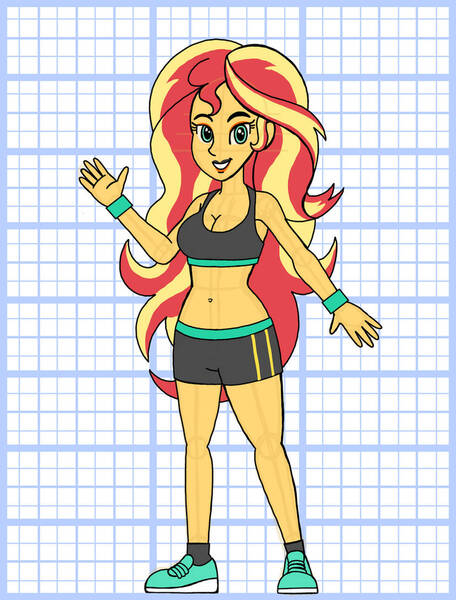 Size: 828x1089 | Tagged: safe, artist:superaaronawesome, derpibooru import, sunset shimmer, human, g4, alternate design, belly, belly button, breasts, cleavage, clothes, female, image, jpeg, midriff, shoes, shorts, sneakers, solo, sports bra, sports shorts