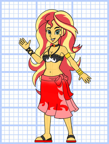 Size: 828x1089 | Tagged: safe, artist:superaaronawesome, derpibooru import, sunset shimmer, human, g4, alternate design, arm band, bikini, bracelet, breasts, busty sunset shimmer, choker, cleavage, clothes, female, image, jewelry, jpeg, sandals, sarong, solo, sunset shimmer's beach shorts swimsuit, swimsuit