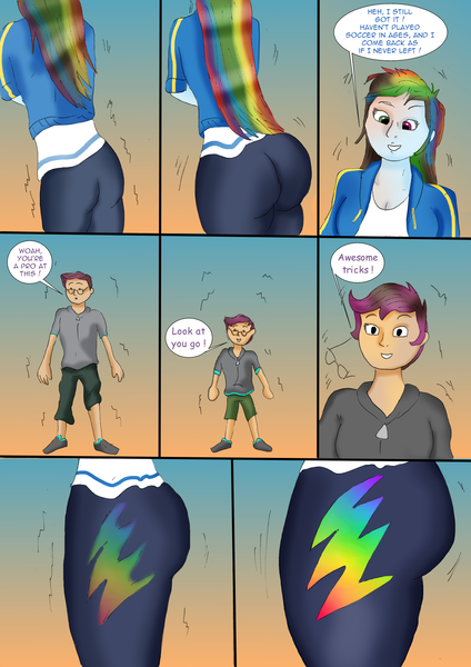 Size: 1920x2714 | Tagged: safe, artist:tf-plaza, derpibooru import, rainbow dash, scootaloo, human, equestria girls, g4, age regression, butt, clothes, comic, dialogue, duo, female, image, male, png, speech bubble, transformation, transforming clothes, transgender transformation, younger