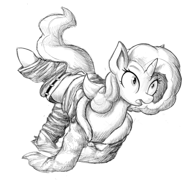 Size: 692x658 | Tagged: safe, artist:anonymous, derpibooru import, oc, unofficial characters only, pony, unicorn, /mlp/, /ptfg/, 4chan, clothes, female, grayscale, hoodie, horn, human to pony, image, mare, monochrome, oversized clothes, pants, png, post-transformation, simple background, solo, transformation, tripping, white background