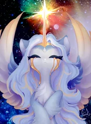 Size: 1500x2048 | Tagged: safe, artist:persikulka, derpibooru import, oc, oc:princess altea, unofficial characters only, alicorn, pony, alicorn oc, chest fluff, commission, eyes closed, female, horn, image, mare, png, solo, spread wings, wings