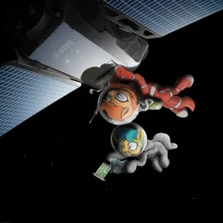 Size: 2400x2400 | Tagged: safe, artist:darkdoomer, ponerpics import, oc, oc:apogee, oc:rusty gears, unofficial characters only, earth pony, pegasus, digital painting, duo, elecronics, image, maintenance, png, satellite, screwdriver, spacesuit, technician, zero gravity