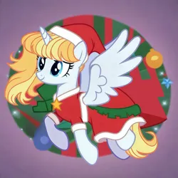 Size: 2560x2560 | Tagged: safe, ai content, derpibooru import, machine learning generated, stable diffusion, oc, oc:swift songster, unofficial characters only, alicorn, alicorn oc, artificial intelligence, christmas, clothes, costume, determined, dress, generator:pony diffusion v6 xl, hat, holiday, horn, image, outfit, png, santa costume, santa hat, simple background, solo, spread wings, stars, wings