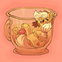 Size: 3000x3000 | Tagged: safe, artist:cookiedough, derpibooru import, applejack, earth pony, pony, g4, cup, cup of pony, drink, female, image, mare, micro, png, signature, simple background, solo, tiny