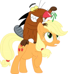 Size: 856x933 | Tagged: safe, artist:porygon2z, derpibooru import, applejack, beaver, earth pony, pony, g4, angry beavers, braid, christmas, crossover, crossover shipping, daggett doofus beaver, holiday, image, mistletoe, png, shipping, simple background, transparent background