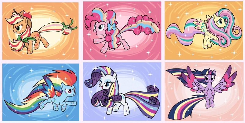 Size: 1244x625 | Tagged: safe, artist:tori8812, derpibooru import, applejack, fluttershy, pinkie pie, rainbow dash, rarity, twilight sparkle, twilight sparkle (alicorn), alicorn, earth pony, pegasus, pony, unicorn, g4, black outlines, blue background, element of generosity, element of honesty, element of kindness, element of laughter, element of loyalty, element of magic, female, group, horn, image, jpeg, lavender background, mane six, mare, orange background, pink background, rainbow power, sextet, simple background, sparkles