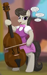 Size: 1250x2000 | Tagged: safe, artist:runningtoaster, derpibooru import, octavia melody, earth pony, human, semi-anthro, equestria girls, g4, arm hooves, blurry background, bow (instrument), bowtie, breasts, busty octavia melody, cello, clothes, colored, dialogue, female, human to pony, image, looking at you, musical instrument, open mouth, open smile, png, requested art, simple background, smiling, solo, speech bubble, transformation, transformed