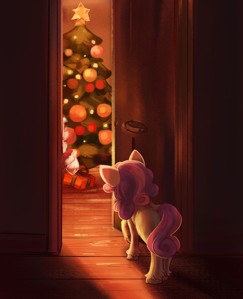 Size: 2493x3066 | Tagged: safe, artist:polnocnykot, derpibooru import, sweetie belle, pony, g4, christmas, christmas eve, christmas tree, cute, doorway, female, filly, foal, glasses, holiday, image, jpeg, peeking, raised hoof, rear view, santa claus, solo focus, tree, unshorn fetlocks