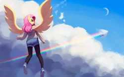 Size: 2000x1247 | Tagged: safe, artist:mrscroup, derpibooru import, fluttershy, rainbow dash, anthro, pegasus, clothes, cloud, crescent moon, flying, image, jpeg, moon, sky, sonic rainboom