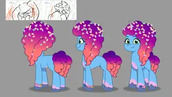 Size: 1920x1080 | Tagged: safe, derpibooru import, pony, unicorn, g5, leak, spoiler:tyts02e27, bracelet, coat markings, concave belly, curly mane, curly tail, female, food, friendship bracelet, gradient mane, gradient tail, gray background, horn, image, jewelry, lil critter workshop, long mane, mare, misty brightdawn, pale belly, png, ponycorn clone-i-corn, popcorn, rebirth misty, reference sheet, reference used, side view, simple background, slender, socks (coat marking), solo, tail, thin, three quarter view